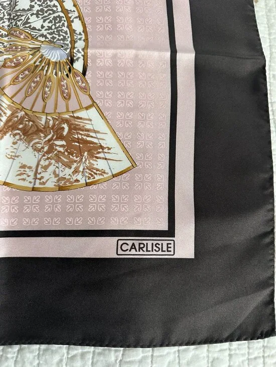 CARLISLE 100% Silk Pink & Brown Hand-Fan Motif Twill Technique 33" Scarf ITALY - Picture 5 of 6